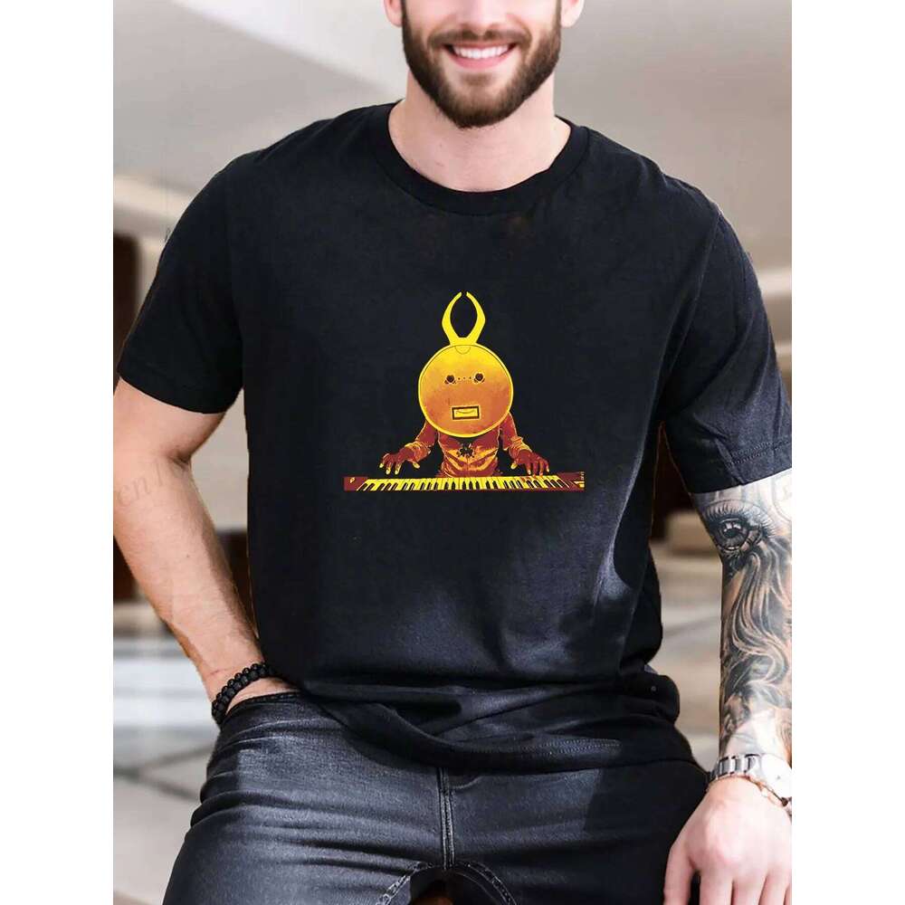 Men's Cotton Printed T-Shirt - Cartoon Keyboard Player Graphic Design, Breathable & Comfortable for Daily Casual Wear, Trendy Style X260209