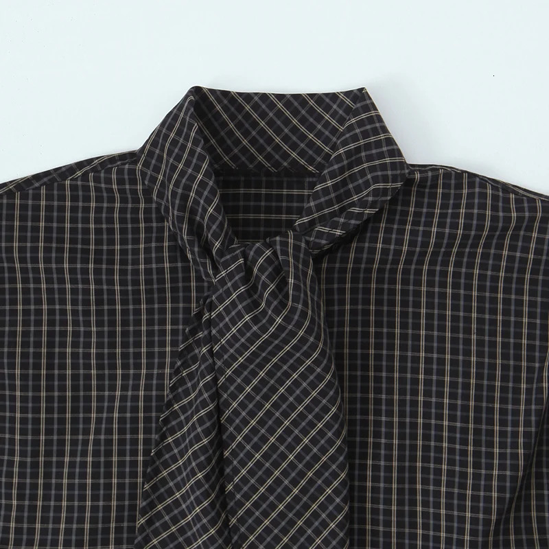 Autumn Scarf Collar Long Sleeve Single Breasted Plaid Shirts Women Versatile Fashionable Blouses Female Casual Chic Wear 260207