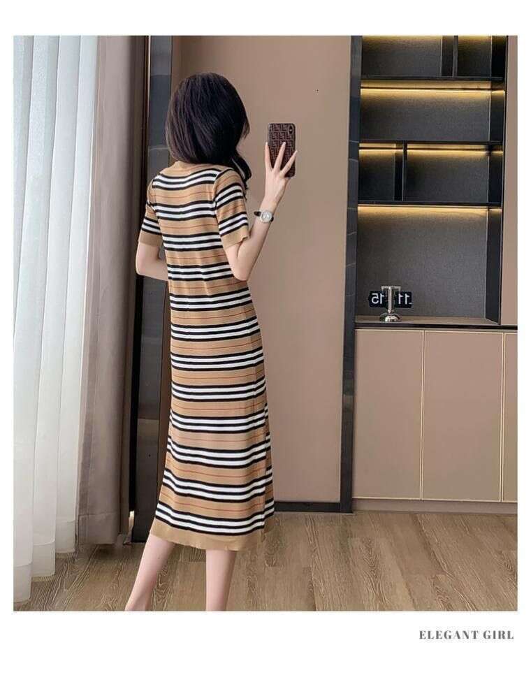 2026 High-End Elegant Striped For Women Summer Waist-Cinching Slimming Knitted Bodycon Over-The-Knee Dress