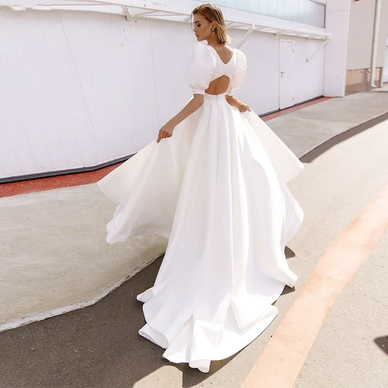 Simple Satin Wedding Dresses Beach Short Puffy Sleeves A-Line Boho Bridal Gowns Princess 2026 Vestidos De Novia BC6101