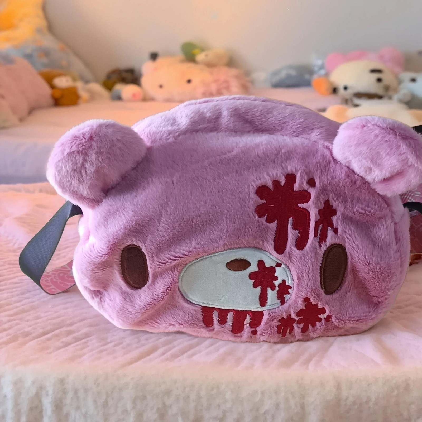 Gloomy Bear plush crossbody bag Pink cute edgy with blood splatter details A fun unique pick for fans 260208