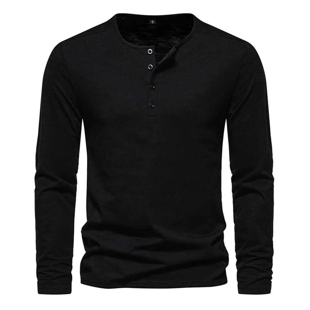 Men Long Sleeved T-shirt Cotton Slim Fit Bottoming Shirt Fitness Tops Tees Button Neck Casual Cozy Tshirt 260207