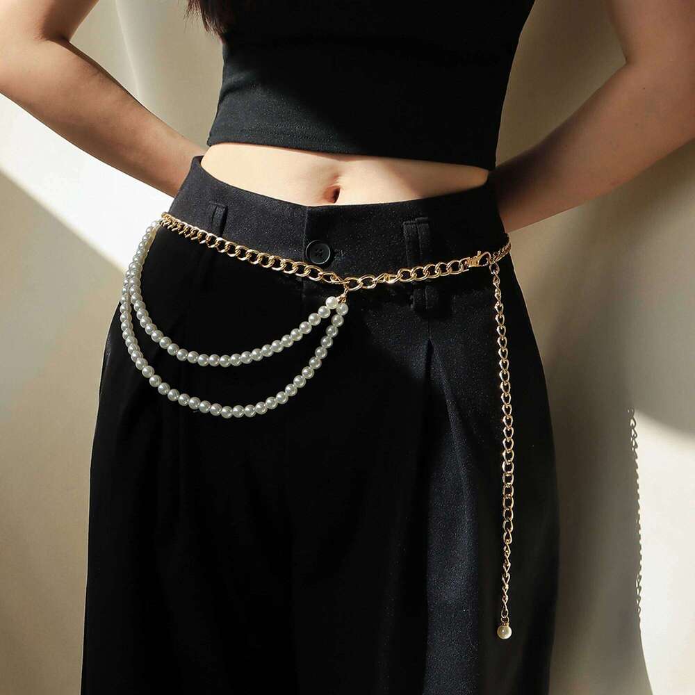 New multi-layer retro chic waist chain with suit skirt temperament pearl belt X260209
