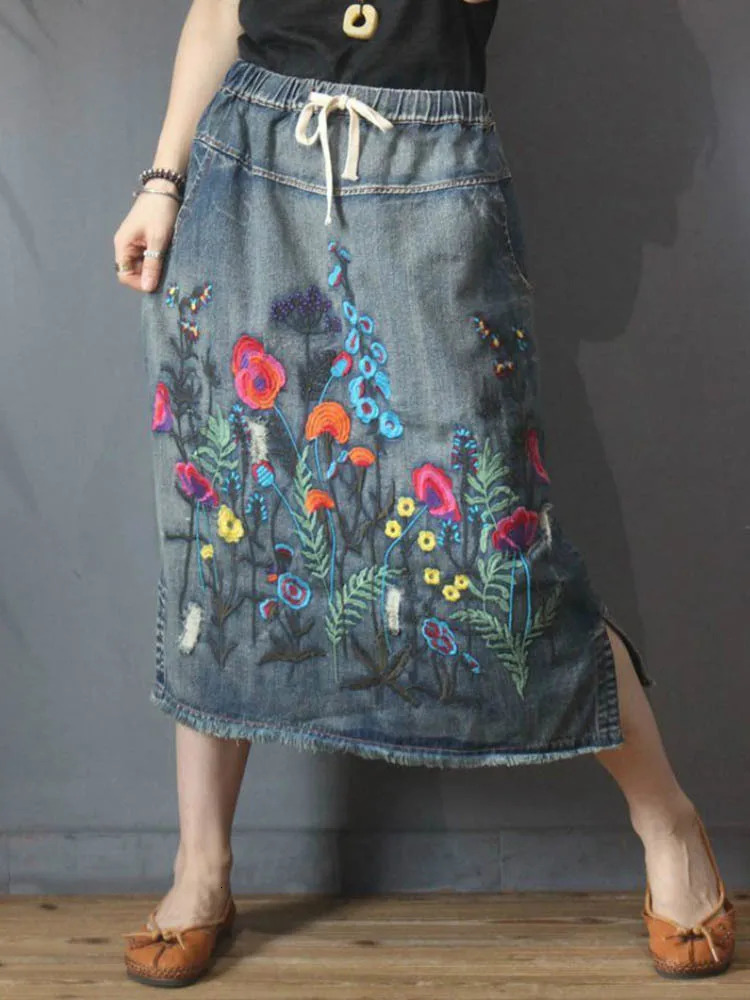 Amax luluE Korean n Summer Clothes Womens y Vintage Loose Denim Skirts Ladies Casual Floral Embroidery Streetwear 260126