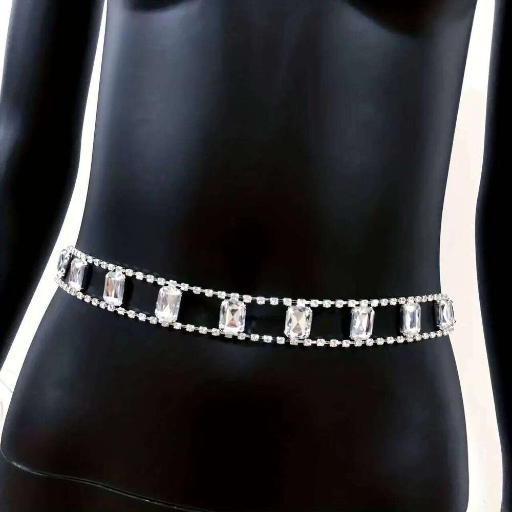 Hot selling simple and fashionable shiny large glass pendant waist chain, women's sexy super sparkling rhinestone body chain acc X260209