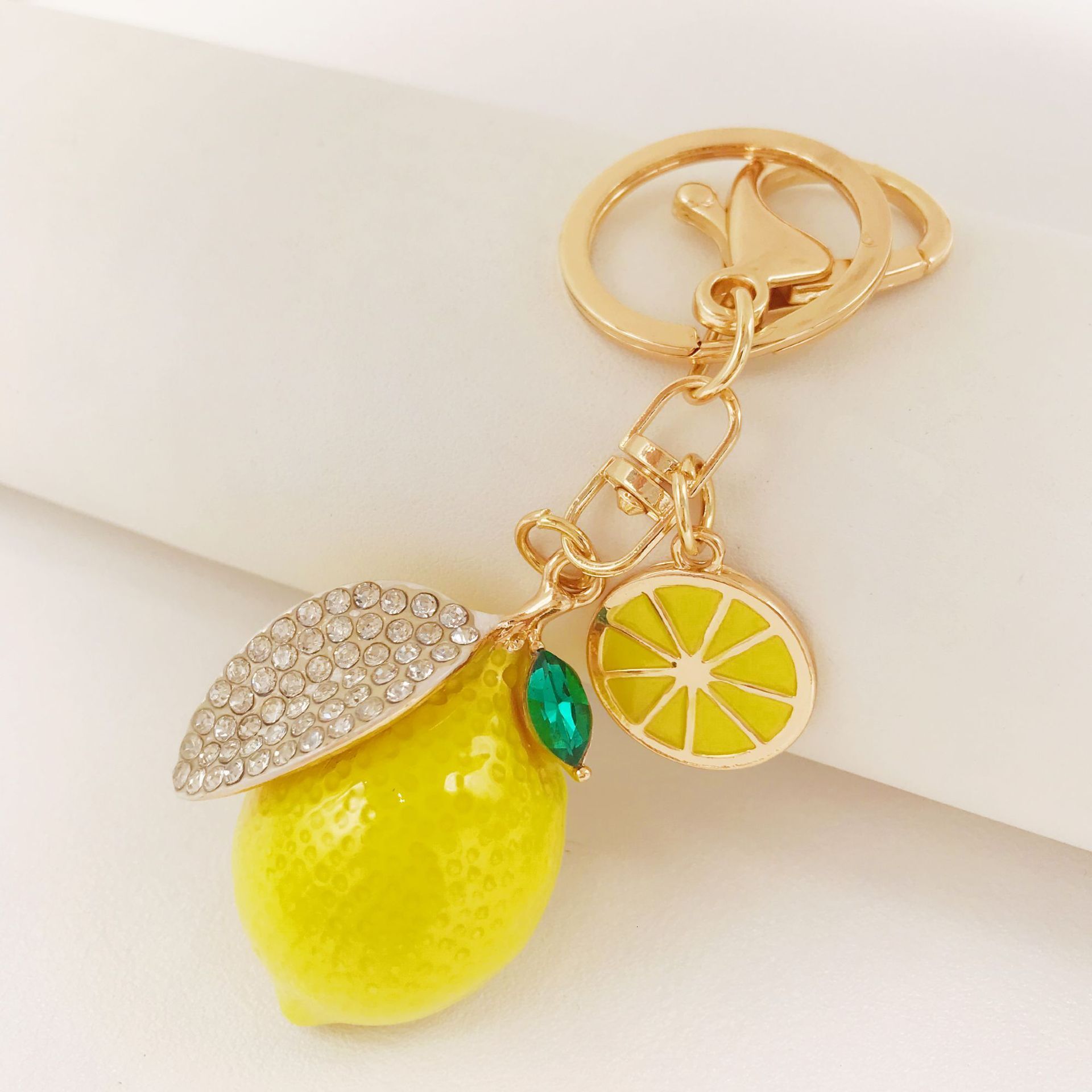 Creative Cute Alloy Rhinestone Oil Drop Simulation Fruit Lemon Keychain Car Bag Pendant Supermarket Gift