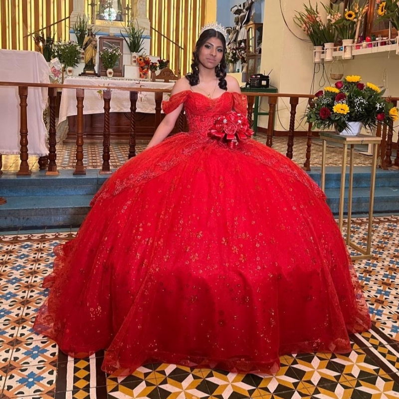 Red Shiny Quinceanera Dresses Ball Gown Off The Shoulder Sequin Applique Lace Beading Crystal Tull Sweet 16 Dress Vestidos 15 De Anos