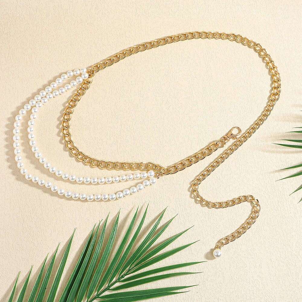 New multi-layer retro chic waist chain with suit skirt temperament pearl belt X260209