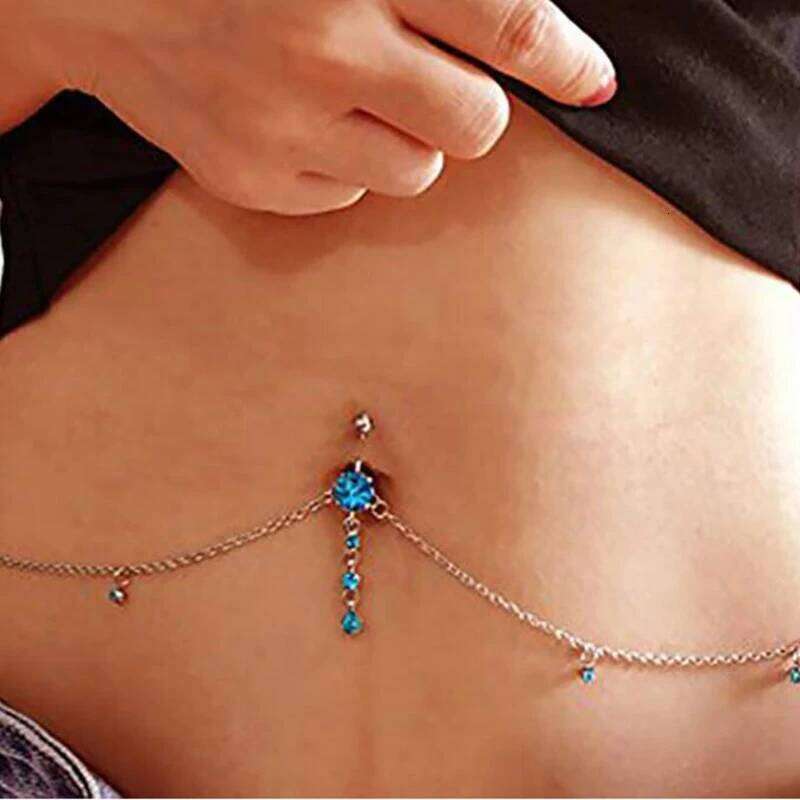 Women Sexy Rhinestone Dangle Belly Navel Piercing Ring Body Waist Chain Button Summer Beach Jewelry X260209