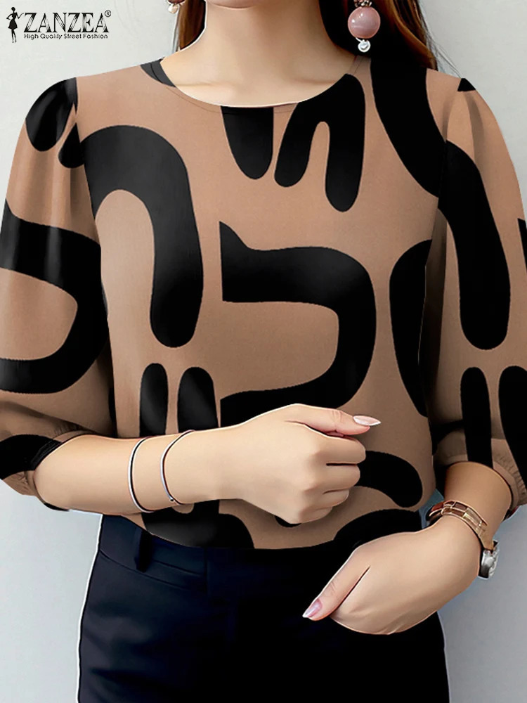 ZANZEA Elegant Office Work Blouses Summer Women Tops Stylish Spring O Neck 34 Sleeve Printed Shirt Autumn Retro Holiday Blusas 260207