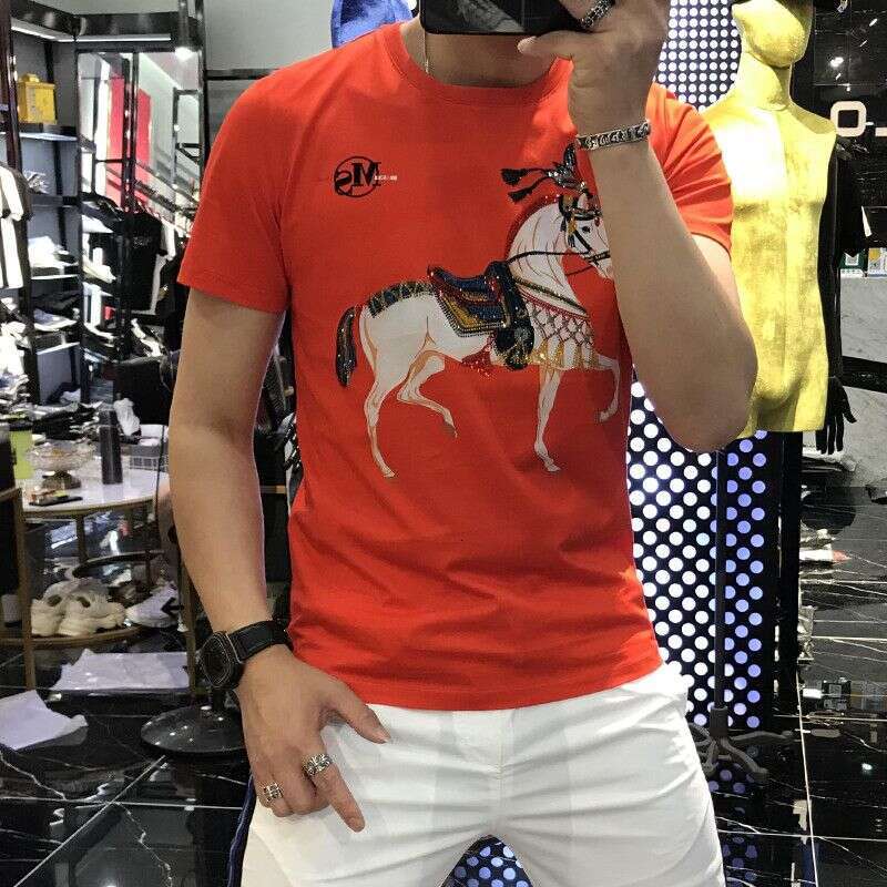 Men's Short-Sleeve T-Shirt 2022 Spring/Summer Trendy Brand New Style Mercerized Cotton Personalized Rhinestone Decoration High-End Half-Sleeve Te