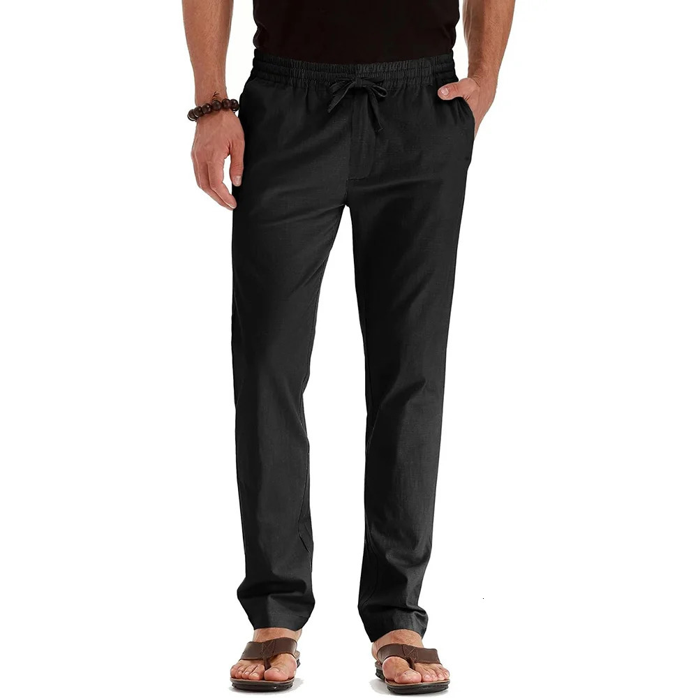 Mens Spring Summer Cotton Linen Long Pants Vacation Hawaii Casual Trouser Straight Leg Lightweight Sweatpants 260122