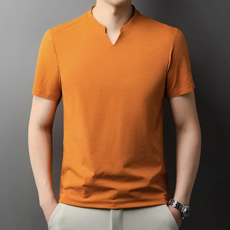 Korean Mens Casual and Fashionable Small V-neck Solid Color Short Sleeved T-shirt Comfortable Summer Versatile Top 260207
