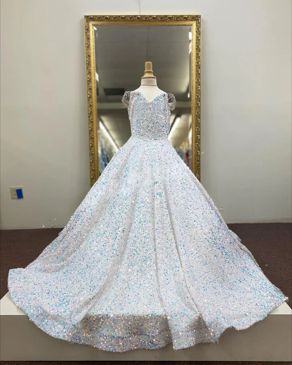 Iridescent Girl Pageant Dress Velvet Sequin Beading Off-Shoulder little Kid Birthday Formal Party Gown A-Line Toddler Teens Preteen Floor-Length Pink 
