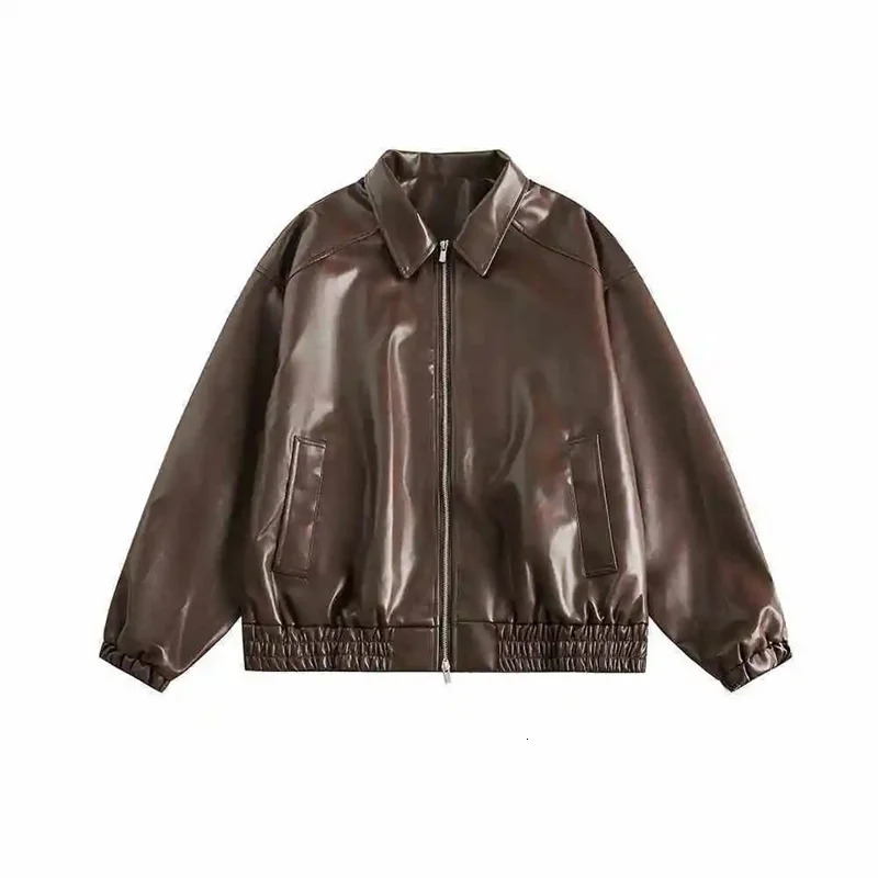 Retro Ladies Fashion Zipper Faux Leather Jacket Spring Autumn Women Long Sleeves Leather Coat 2025 Female PU Leather Outwear 260120