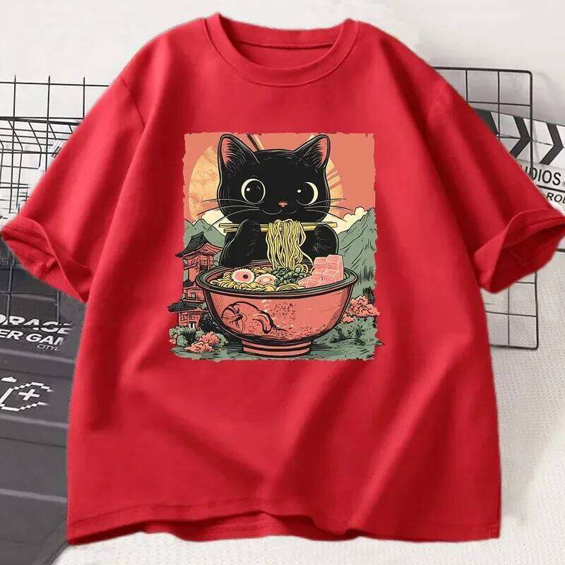 Cute Black Cat Eating Ramen Print Harajuku Short Sleeve Casual Women's T-shirt Clothing Tops Aesthetic Clothes X260209