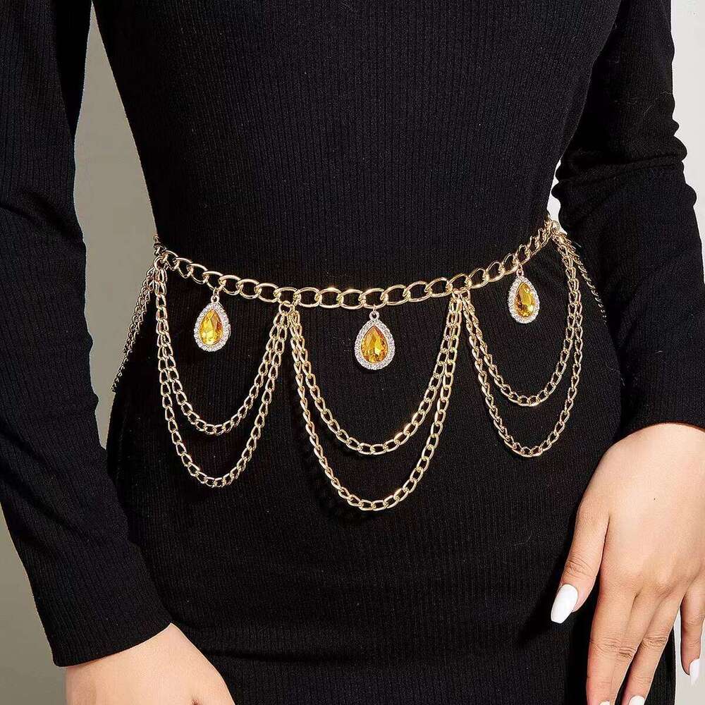 Light Luxury Multi-layer Retro Style Champagne Gemstone Pendant Waist Ladies' Body Chain Jewelry X260209