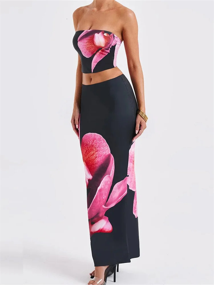CHRONSTYLE Sexy Women 2 Pieces Outfits Floral Print Tube Tops and Elastic Waist Bodycon Long Skirts Sets Summer Streetwear 260208