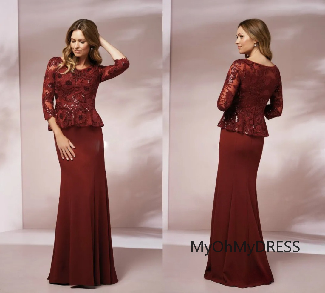 Elegant Burgundy Long Mother of The Bride Dresses 3/4 Long Sleeve Lace Applique Sequins Prom Dress Formal Gown Plus Size Mother's Clothes 0209
