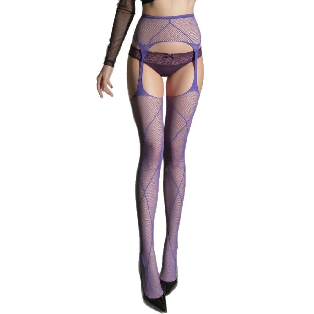 Sexy Cross-Strap Fishnet Pantyhose Women High-Waisted Sheer Tights with Integrated Garters & Open Crotch, Perfect for Nightclub & Role Play