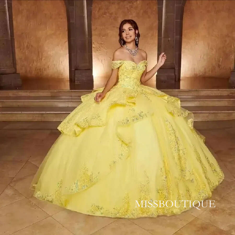 Yellow Lace Off Shouder Quinceanera Dresses Princess Shiny Prom Classic Ball Gown Floral Appliques Sweet 16 Dress Robe De Soiree Mariee Luxe 0209
