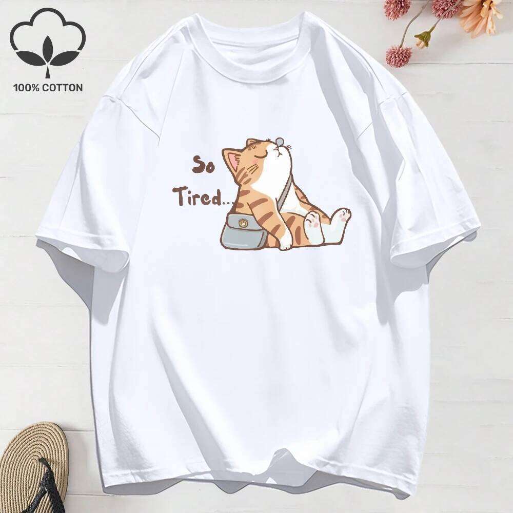 100% Cotton Womens T-Shirts Summer The Abstract Cat Is Too Tired Printing T Shirt Comfortable Soft O-Neck Tops Street Clothes X260209