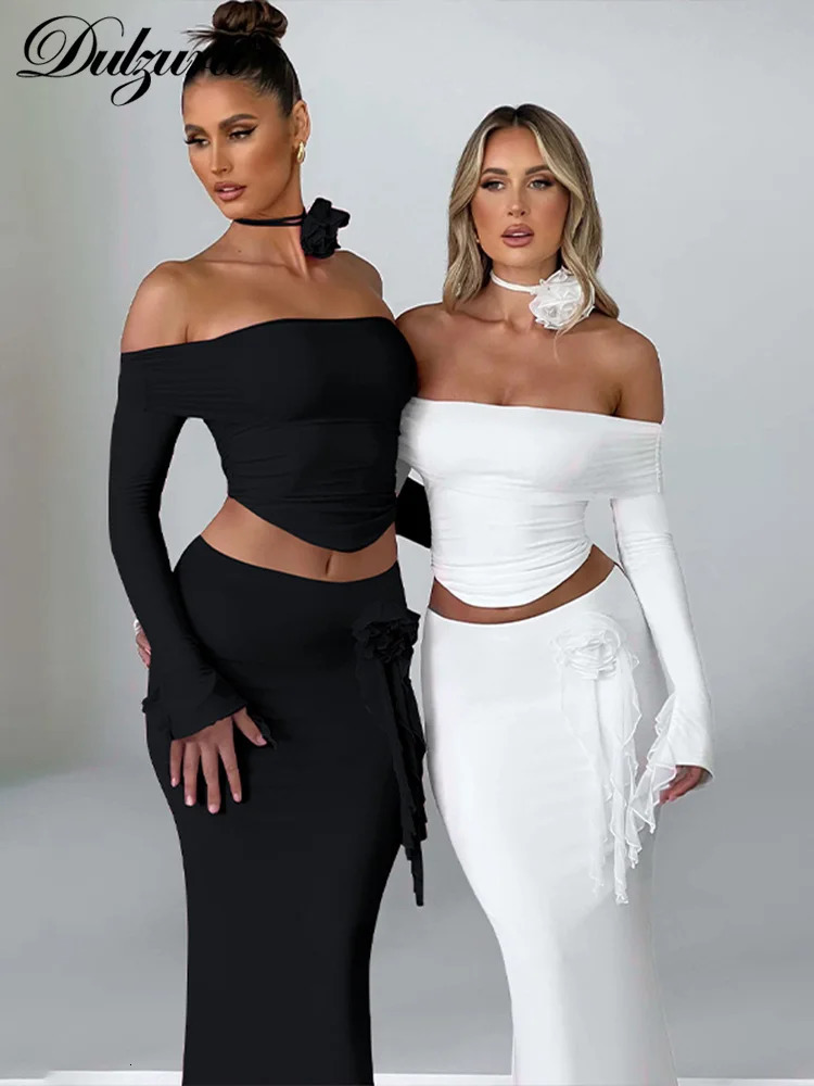 Dulzura Matching Suit Neck Accessories 3D Flower Off Shoulder Long Trumpet Sleeves Crop Top Tassel Maxi Skirt Autumn Women 260208