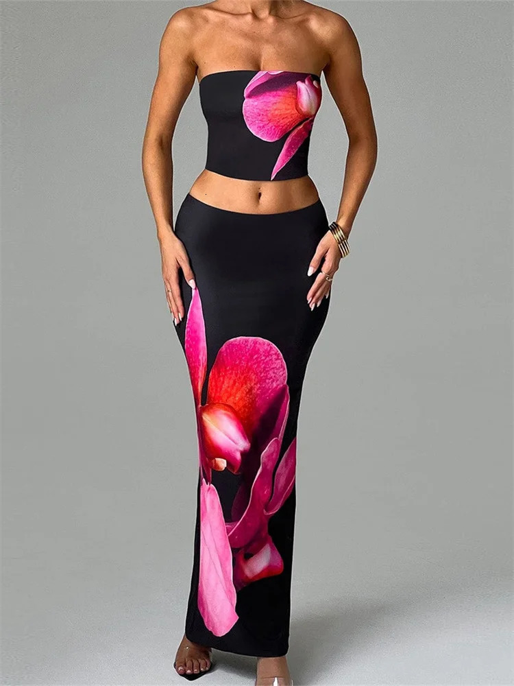 CHRONSTYLE Sexy Women 2 Pieces Outfits Floral Print Tube Tops and Elastic Waist Bodycon Long Skirts Sets Summer Streetwear 260208