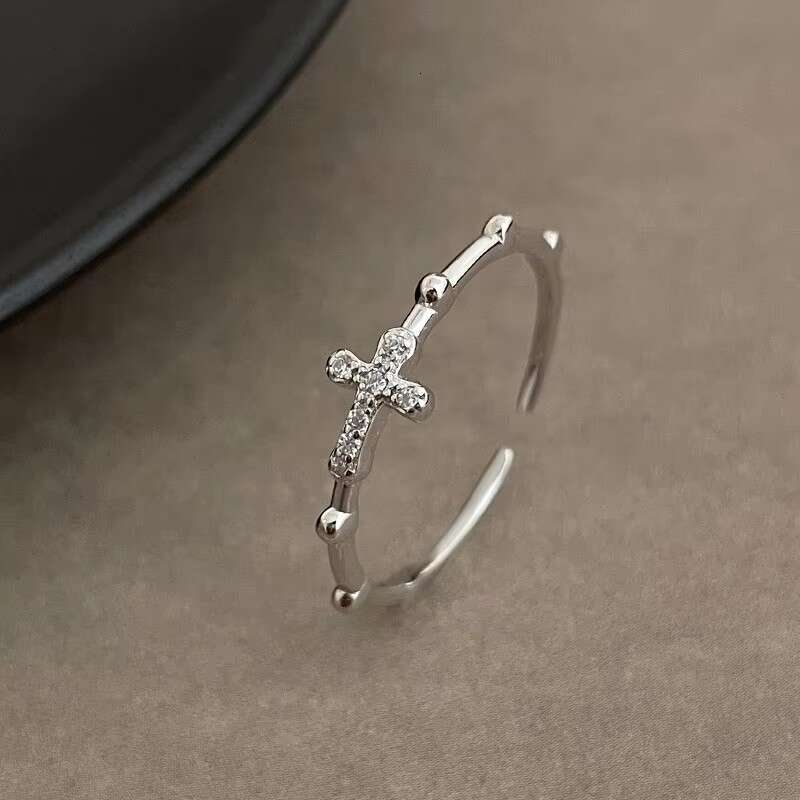Cross Zircon Open Silver Light Luxury High-end Niche Design Exquisite Plain Band Index Finger Ring for Women