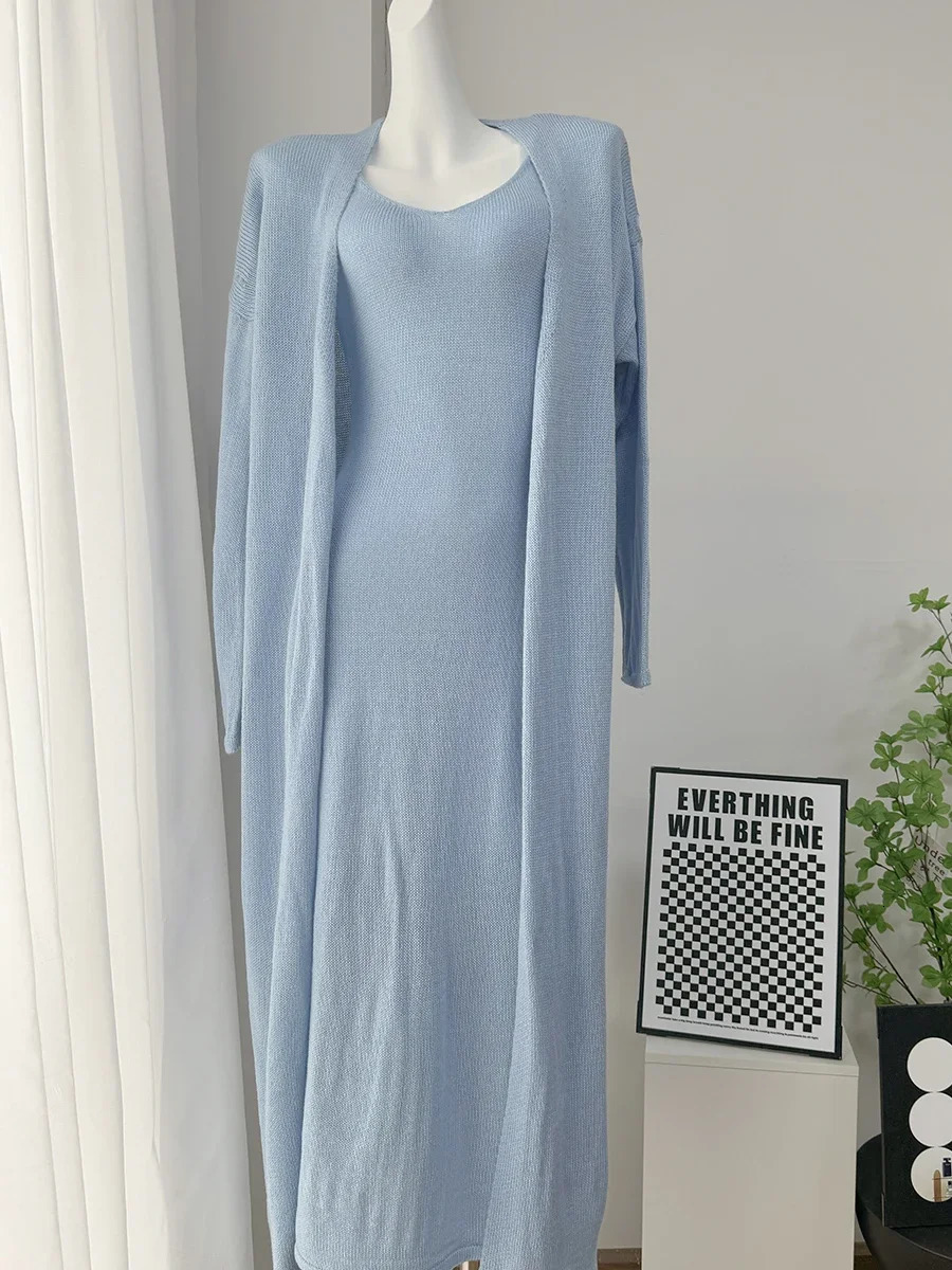 Hirsionsan Soft Loose Sets Women Two Pieces Long Sleeve Cardigan Vest Dresses Elegant Female Hollow Outfits Cotton Tracksuit 260208