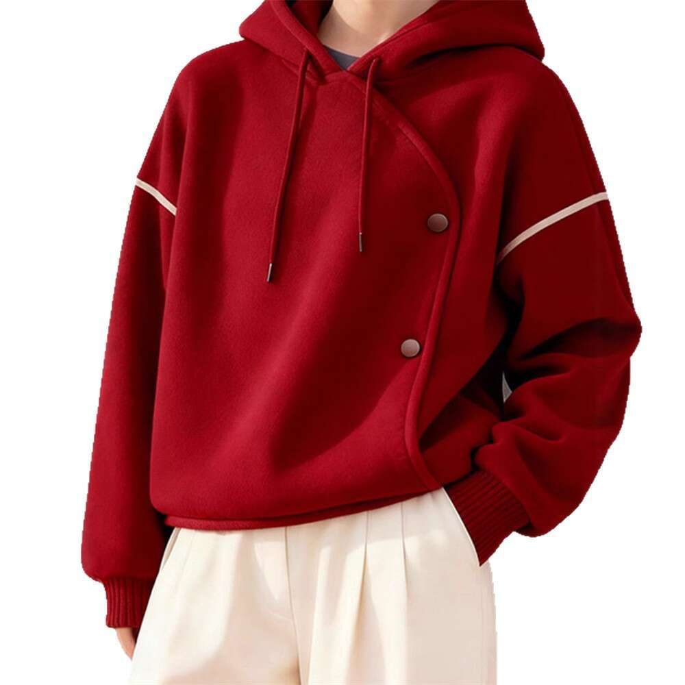 New Autumn And Winter Loose Lazy Style Christmas Red Hooded Irregular Thickened Fleece Sweatshirt Jacket For Women