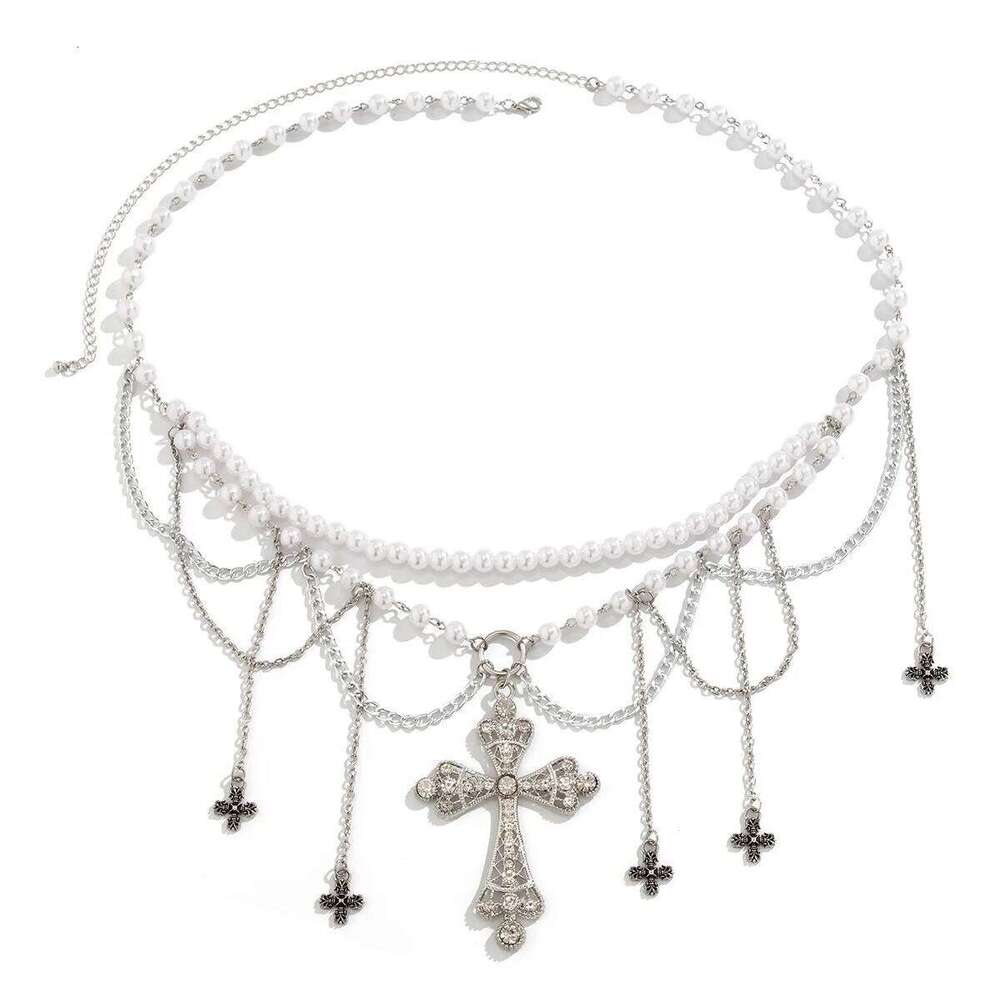 European and American Style Personalized Metal Cross Tassel Waist Women's Fashion Double Layer Imitation Pearl Body Chain X260209