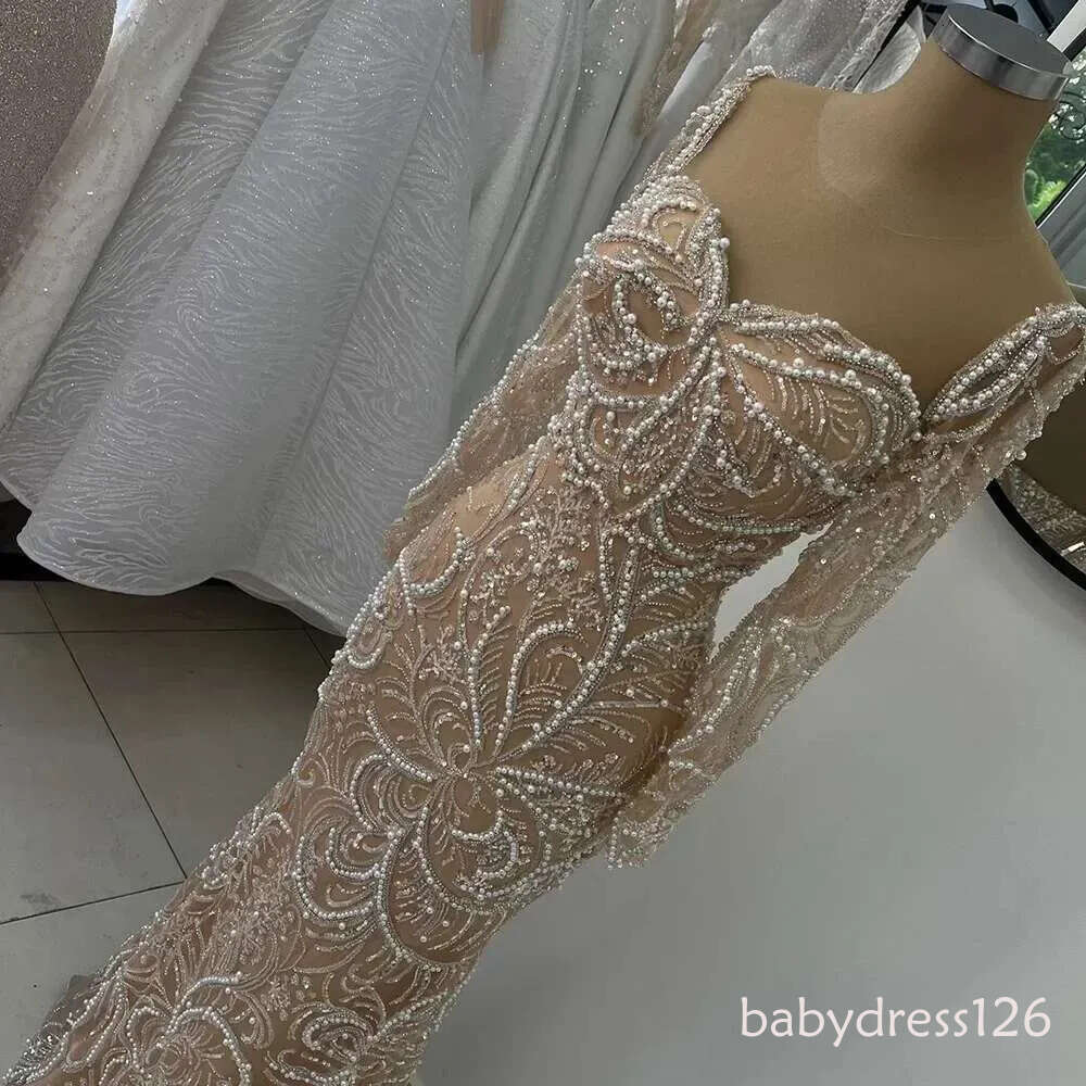Serene Hill Nude Mermaid Pearls Beaded Arabic Evening Gowns for Formal Ocn Dress