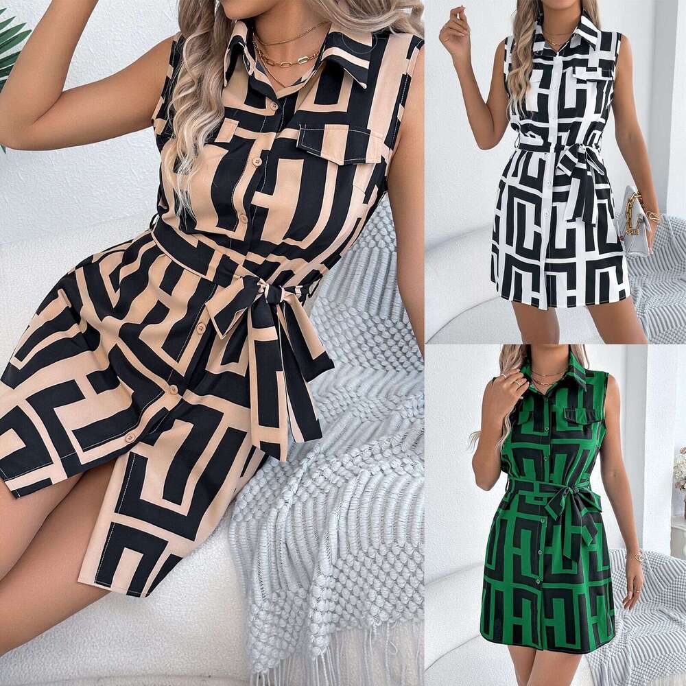 Elegant Color Block Plaid Mini Dress 2026 Summer Casual Lapel Single Breasted Sleeveless Lace Up Dress Vintage Female Dresses