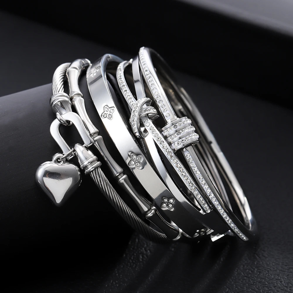 5PCS Classic Fashion Stainless Steel Cuff Bracelets Waterproof Silver Color Love Zircon Bangle Unique Jewelry Gifts 260206