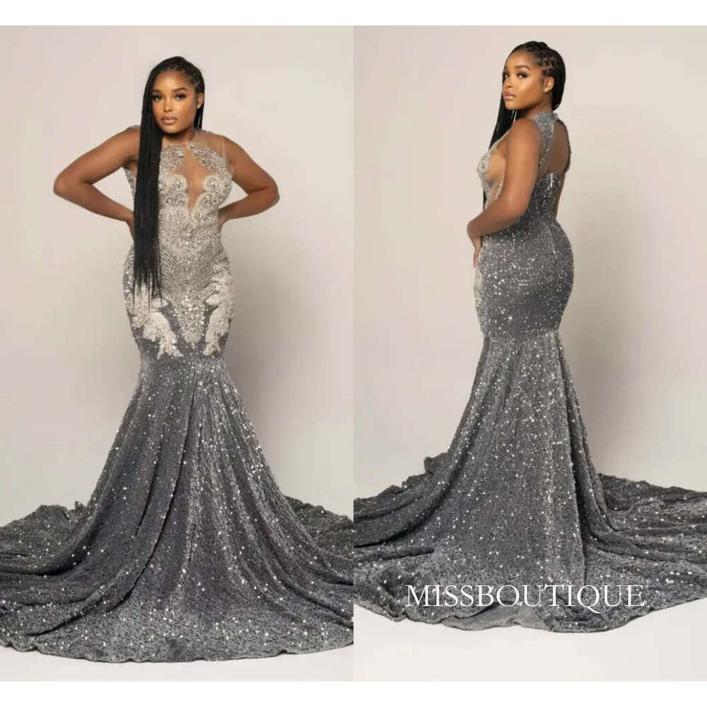 Stunning Silver Grey Mermaid Prom Dresses For Black Girls 2026 Scoop Sleeveless Beadings Appliques Sequined Long Evening Party Gowns Robe De Soiree Ma