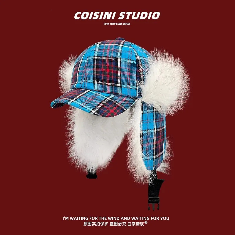 Fashion Contrasting Color Plaid Plush Bomber Hats Women Winter Outdoor Skiing Warm Versatile Personality Y2K Pilot Caps Men 260208