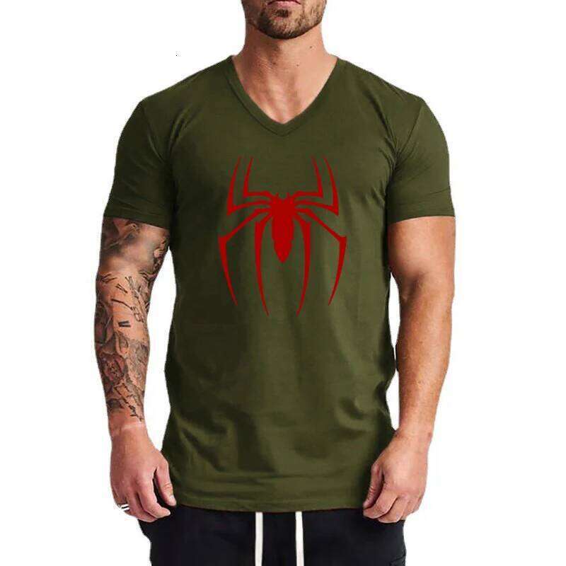 Red Spider Printed Basic Cotton Mens V-Neck Short Sleeve T-shirts Summer Casual Breathable Tops Tees Slim Fit Sports T Shirts X260209