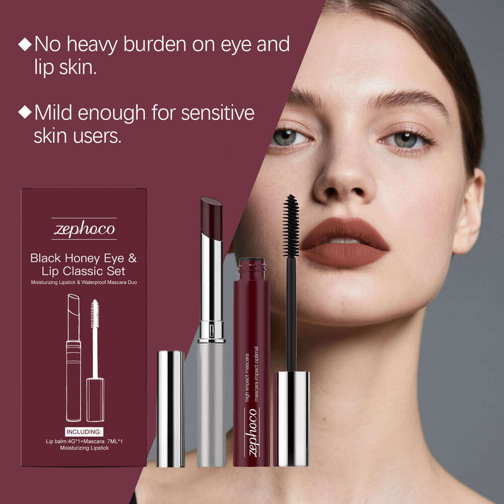 Zephoco Black Honey Eye and Lip Classic Set Brown Curling Mascara Moisturizing Silky Lipstick Natural Color