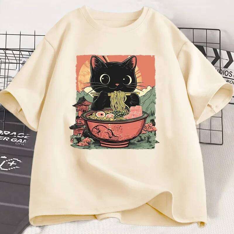 Cute Black Cat Eating Ramen Print Harajuku Short Sleeve Casual Women's T-shirt Clothing Tops Aesthetic Clothes X260209
