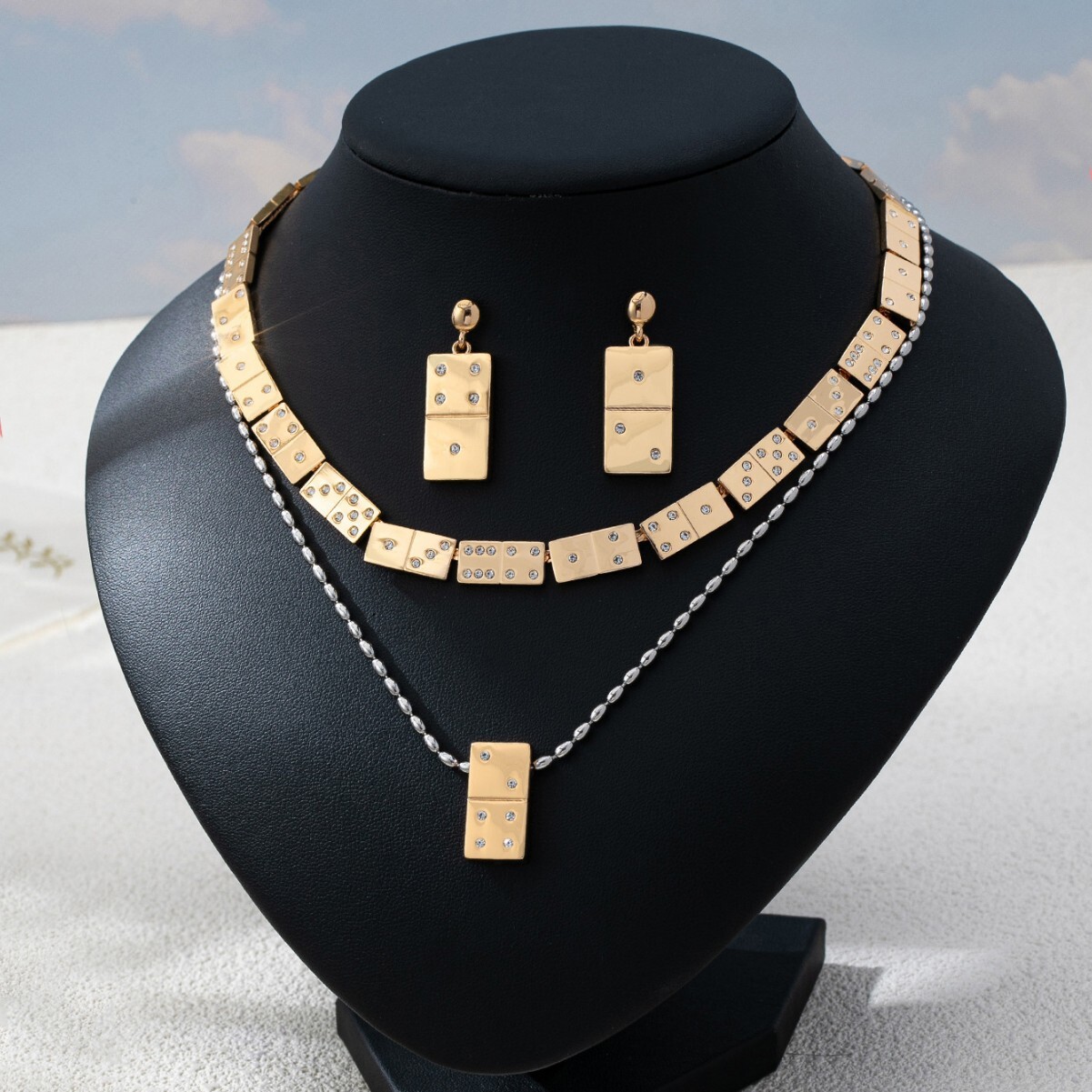 Exquisite French Fashion Style Hot-Selling Mahjong Block Inlaid Zircon Jewelry Set Versatile Trendy Necklace For Women