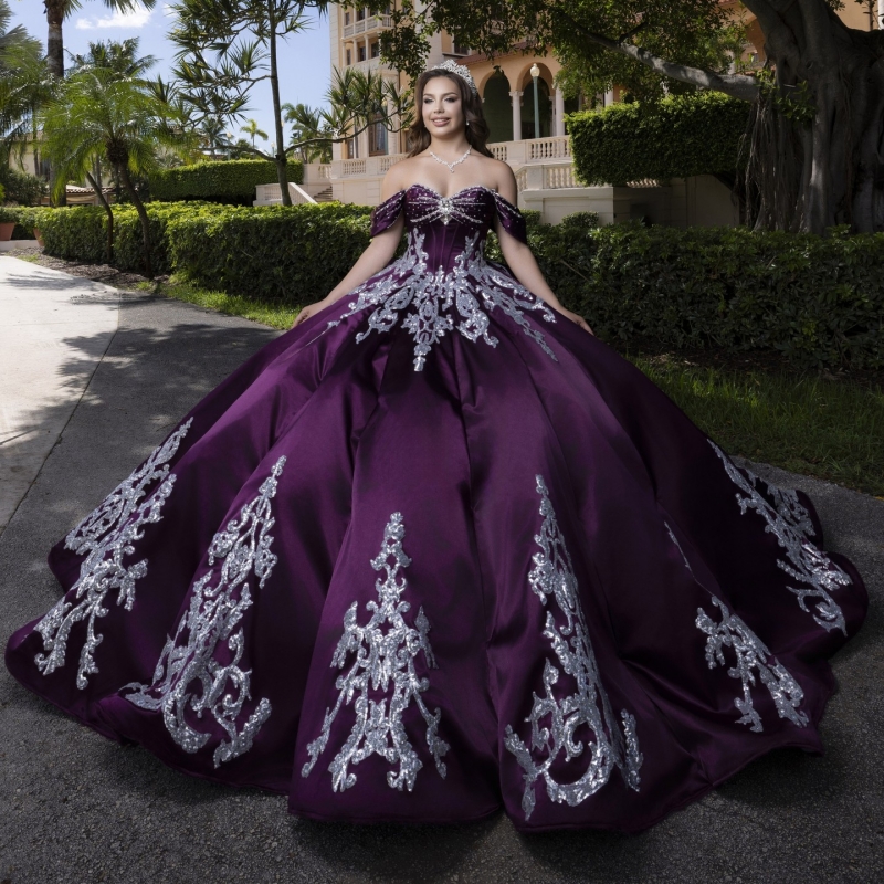 Purple Quinceanera Dresses Ball Gown Off The Shoulder Silvery Applique Lace Beading Crystal Sweet 16 Dress Vestidos 15 De Anos