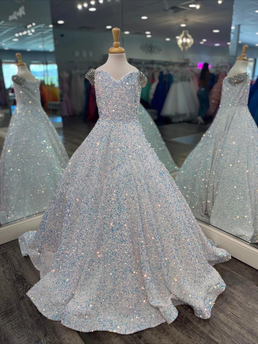 Iridescent Girl Pageant Dress Velvet Sequin Beading Off-Shoulder little Kid Birthday Formal Party Gown A-Line Toddler Teens Preteen Floor-Length Pink 