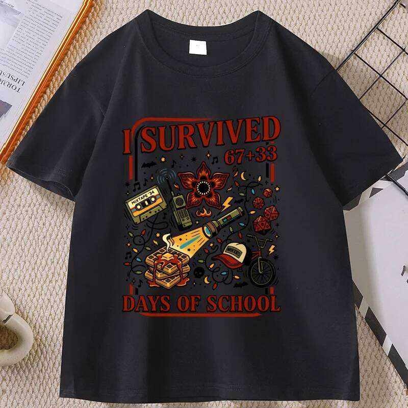 I Survived 67+33 Days of School T Shirt Funny St5 Movie T-Shirt O Neck Short Sleeve Streetwear Tshirt Loose Basic Tees X260209