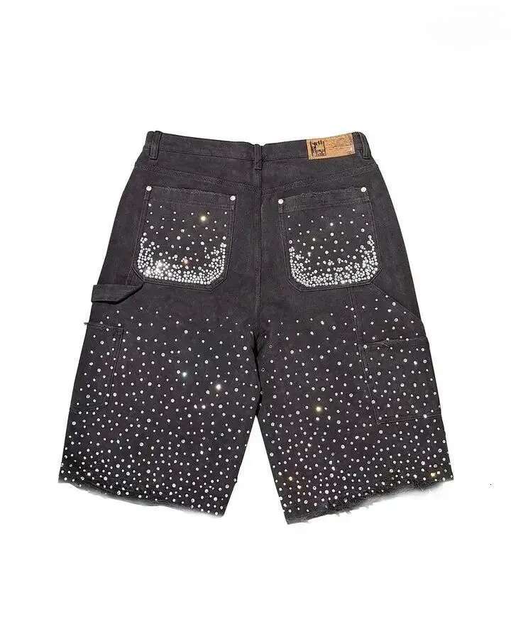 Free Shipping Blackicon Men's Denim Shorts Rhinestone Sequined Street wear Cowboy Hip Hop Casual Loose Sport Style