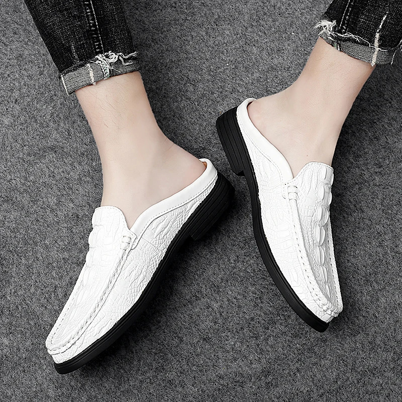 2024 Black Half Shoes for Men Leather Mules Casual Fashion Social Big Size Mocassin Elegantes Walking 260126