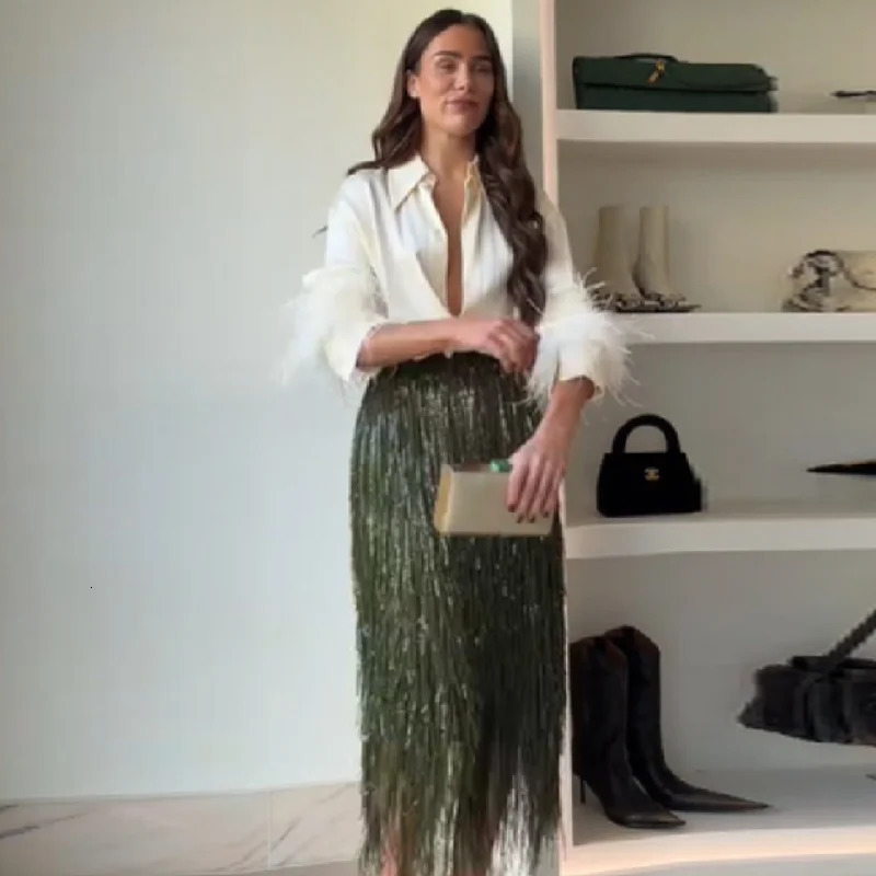Women Chic Shiny Green Tassel Skirt High Waist Slim Fit Long Straight Tube Dress 2026 Outfits Commuting Club Party Clothing 260122