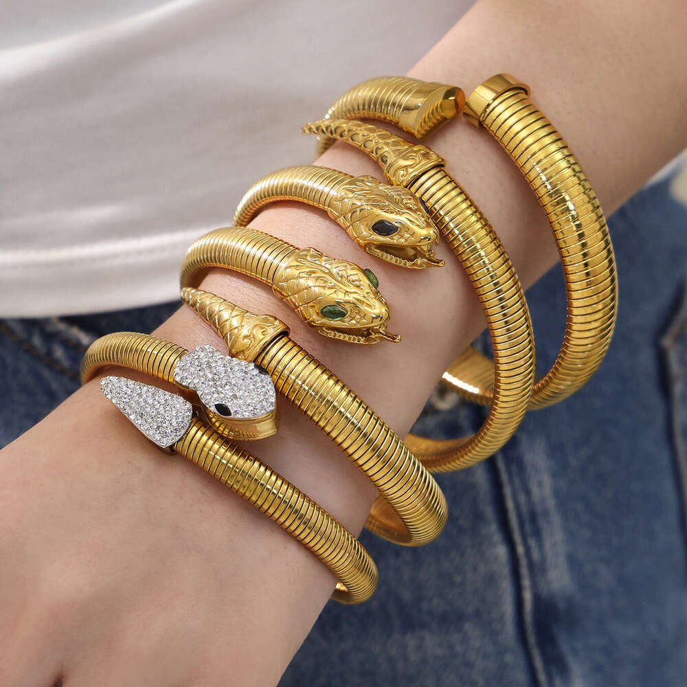 Stainless steel snake-shaped zircon open plated with 18k gold, ins geometric heavy-duty design, unisex personalized light luxury bracelet