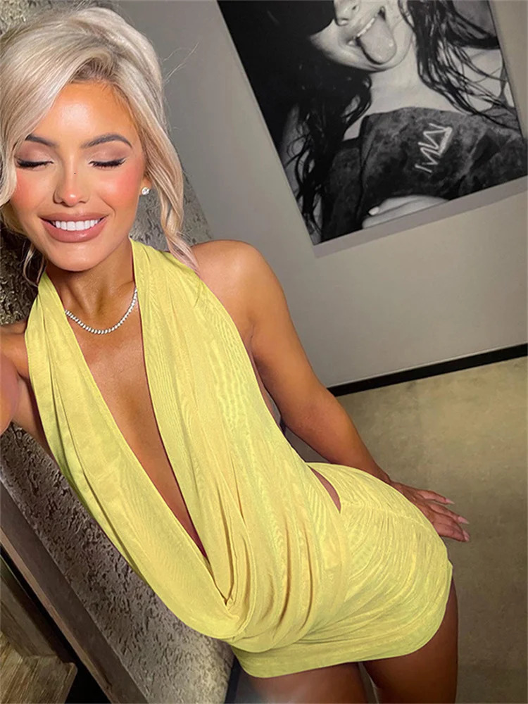 kliou Mesh Swinging Pleated Women 2 Piece Set Summer Solid Simple Halter Backless Chic TopsShirring Mini Skirts Coordinate Suit 260208