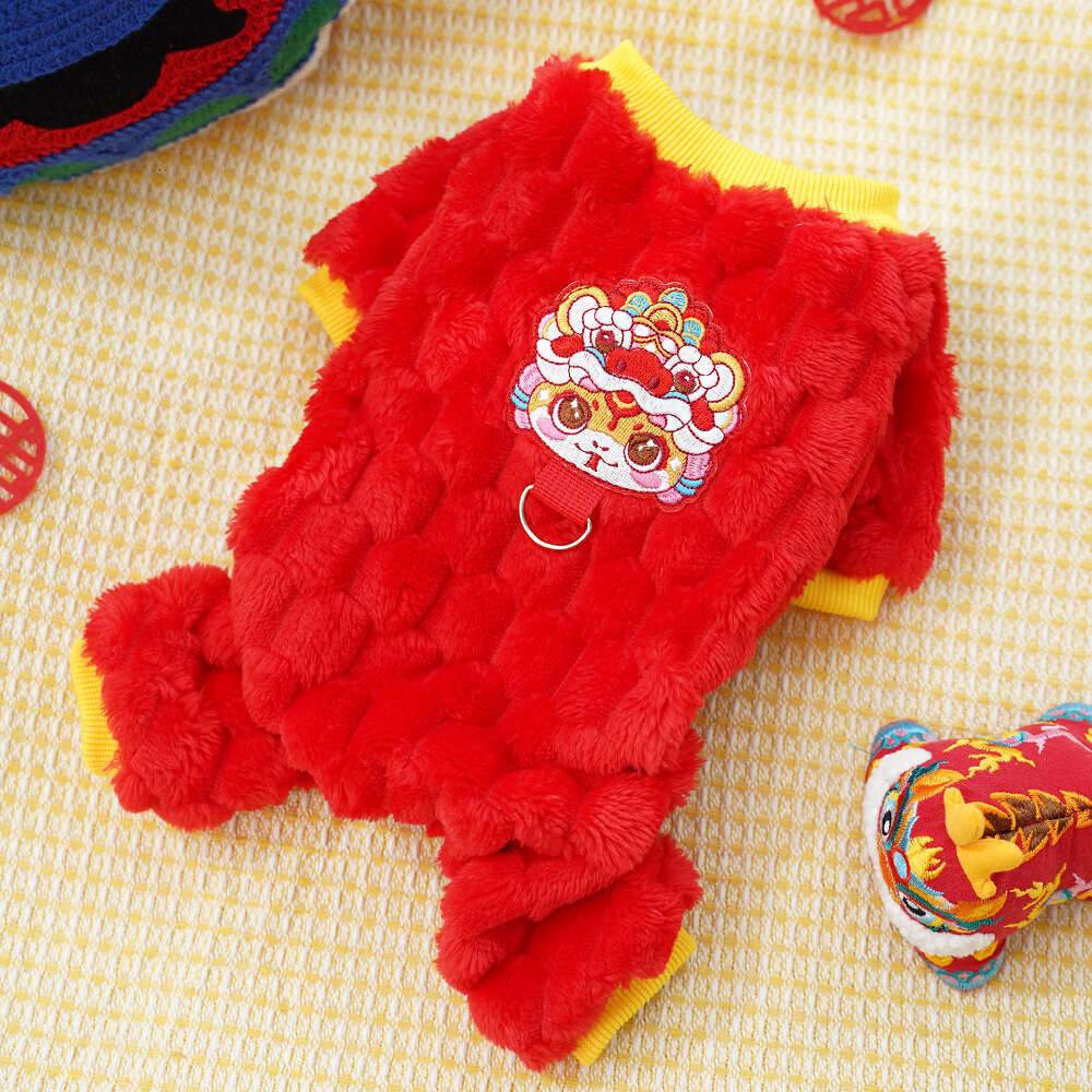 New Year Lion Dance Four-Legged Plush Leash Pet Dog Clothes Cat Supplies Autumn Winter Warm Teddy